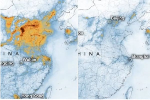 Ántes y despues de la cuarentena en China. Foto de la Nasa