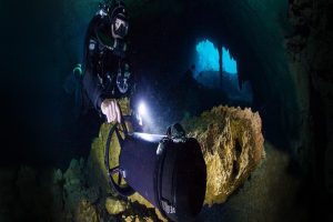 underwater scooter in cave