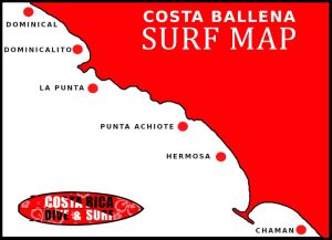 Map with best surf spots in Costa Rica