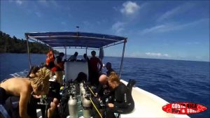 Grupo de turistas preparándose para bucear