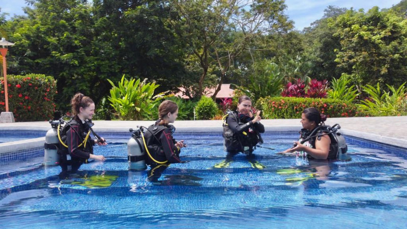 Four divers at open water course inside the pool