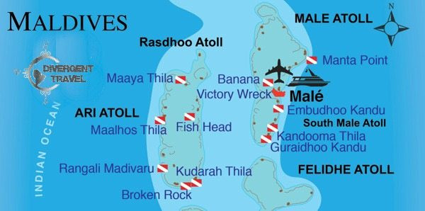 Best scuba diving Maldives map. Guide to scuba dive in the maldives