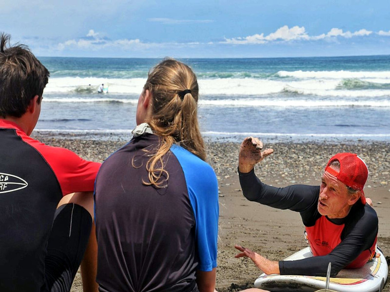 A group of surfers sitting on a beach