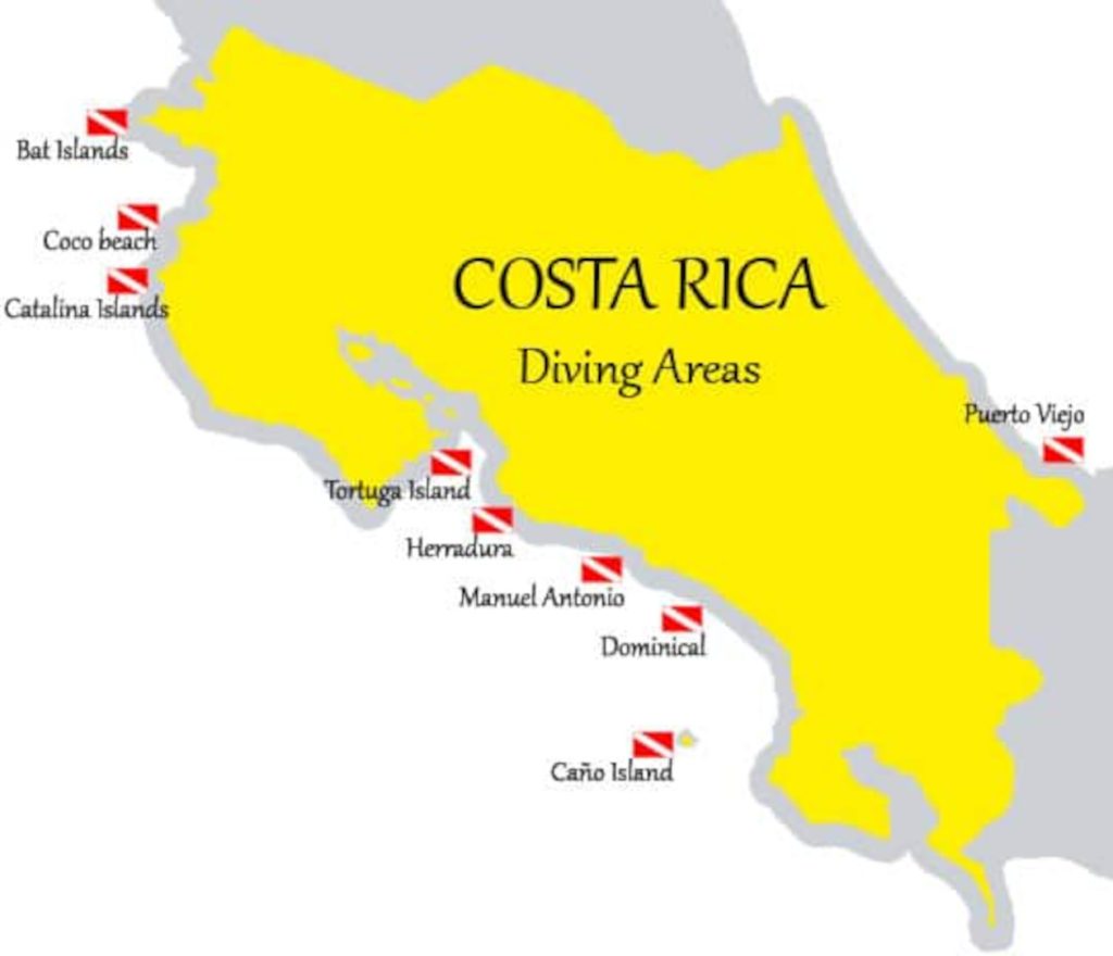 Mapa de los mejores sitios de buceo en Costa Rica