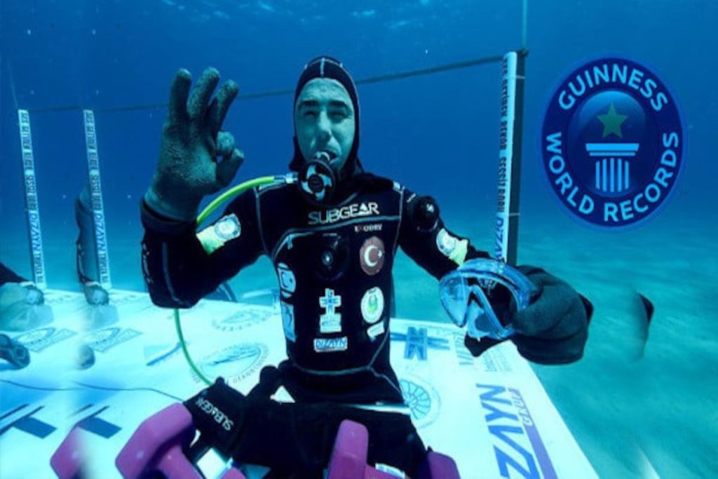 Turkish diver Cem Karabay set a new world record for the longest open water dive in cold water