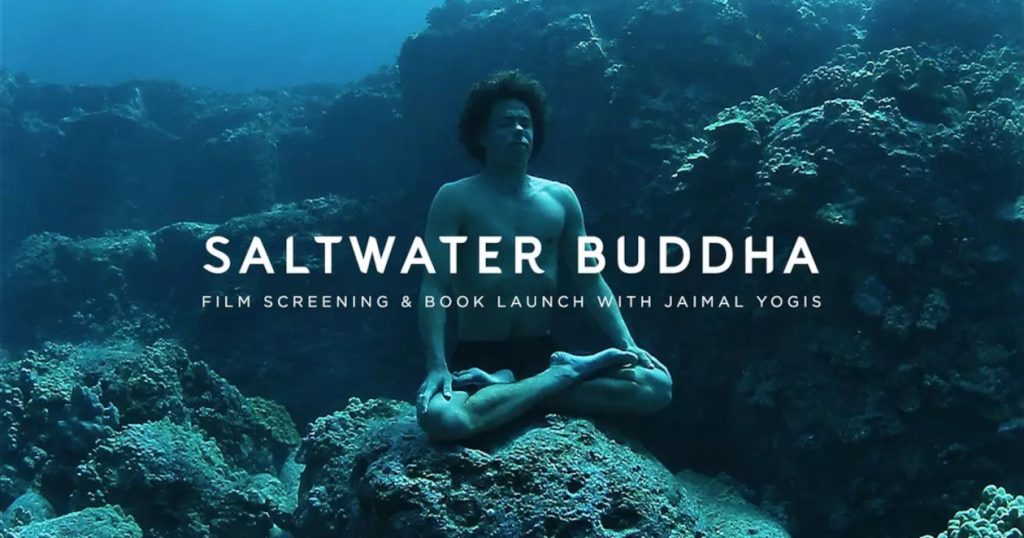 Hombre meditando bajo el agua. Iustración del libro de surf: Saltwater Buddha