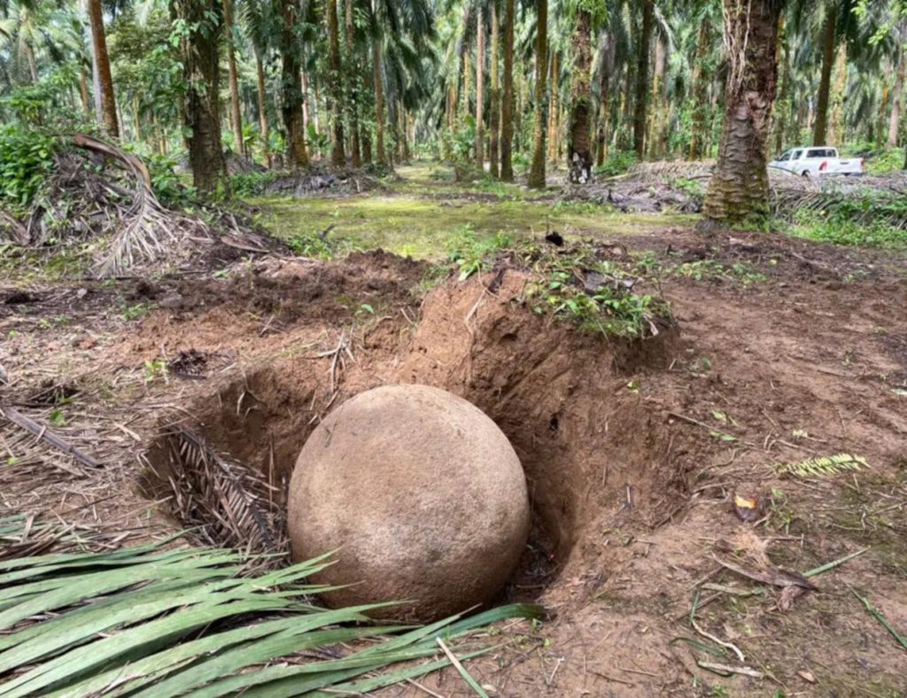 esferas de piedra entre las plantas en Isla del Caño