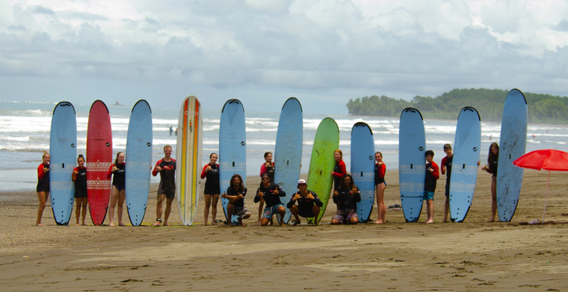 Group of surfers after surf lessons in dominical