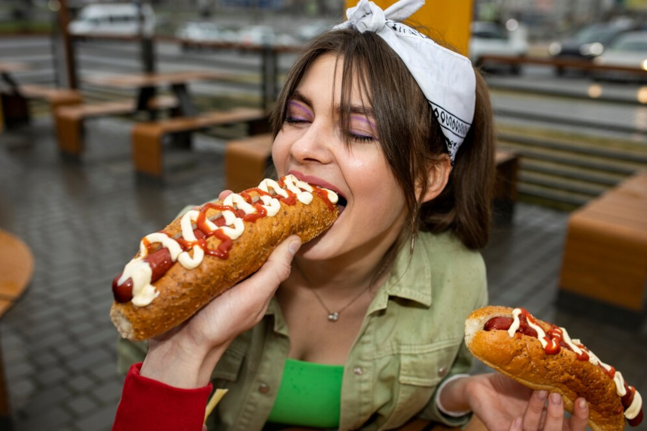 joven comiendo un hotdog